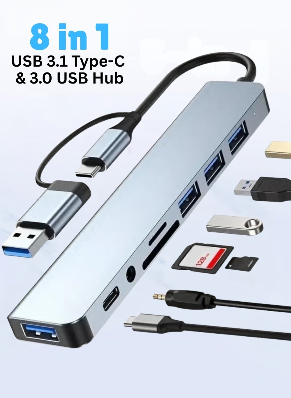 8-in-1 USB Hub Multiport Adapter with Audio Jack – 4 USB 3.0 Ports, USB-C, TF/SD Card Reader, 3.5mm Aux Output – USB Extender for iPad Pro, MacBook, Windows Laptops & Tablets